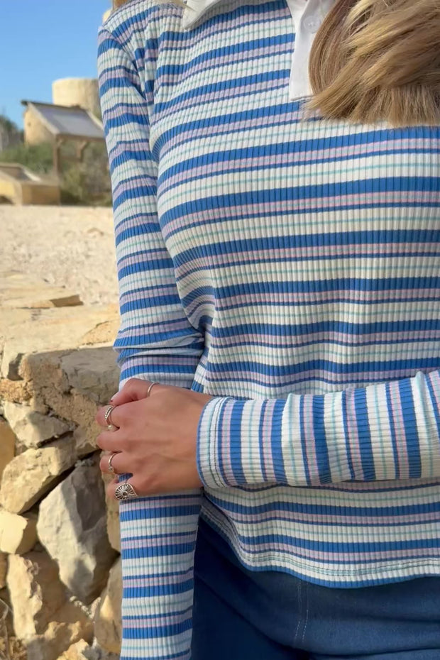 Natalia Ls Polo Blouse | Blue White Rose Stripe | Bluse fra Liberté