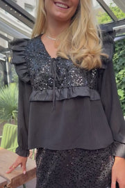 Nor Ls Frill Blouse | Black Sequins | Bluse fra Liberté
