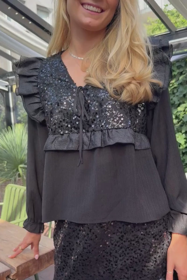 Nor Ls Frill Blouse | Black Sequins | Bluse fra Liberté