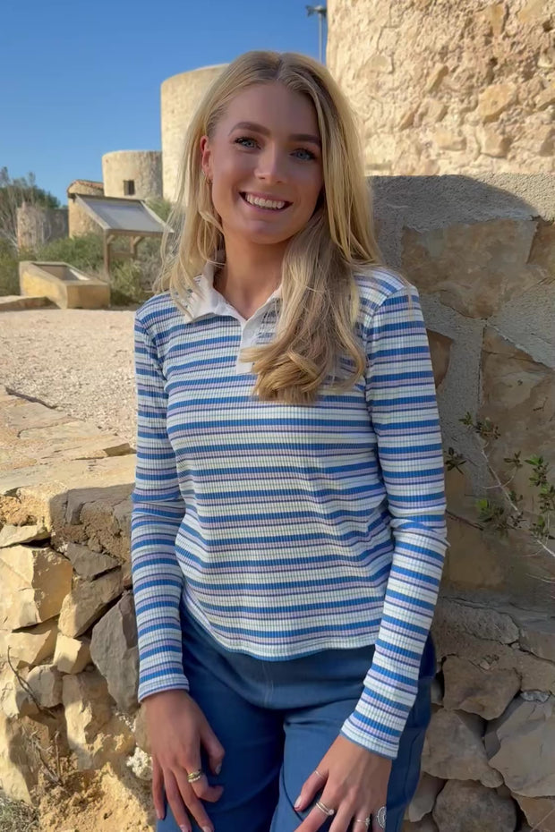 Natalia Ls Polo Blouse | Blue White Rose Stripe | Bluse fra Liberté