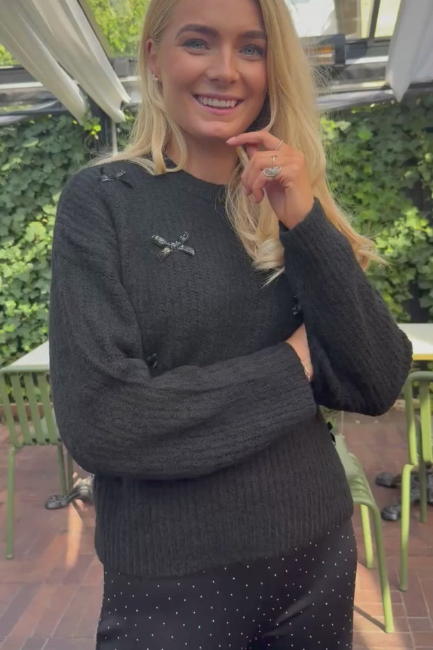 Fro Bow Pullover | Black Silver Bow | Bluse fra Liberté