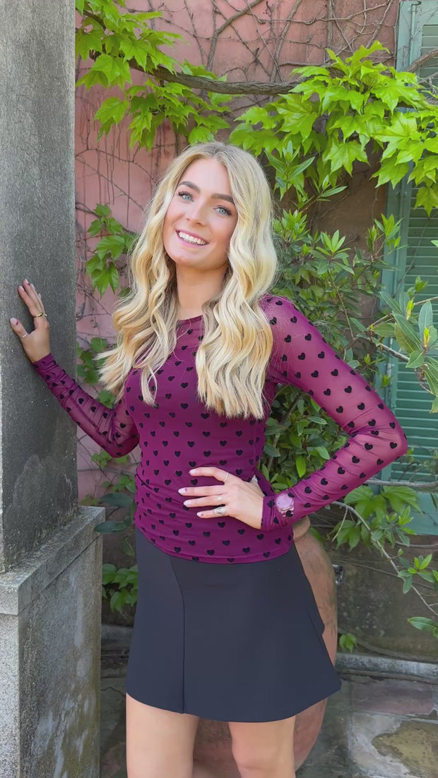 Mesh Ls Tshirt | Bordeaux Black Flock Heart | Bluse fra Liberté