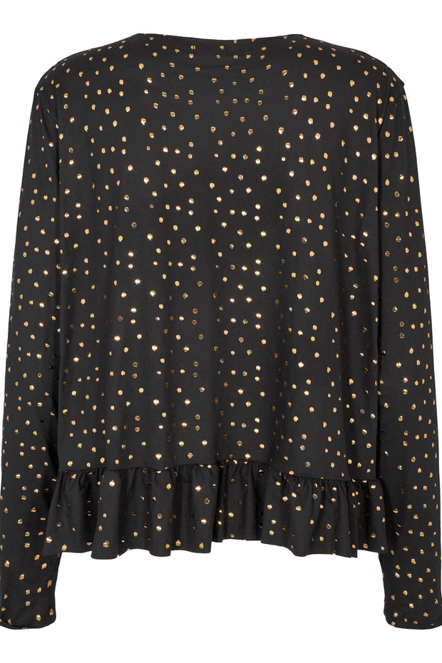 Alma LS Frill T-shirt | Black Gold Dot | T-Shirt med polkaprikker fra Liberté