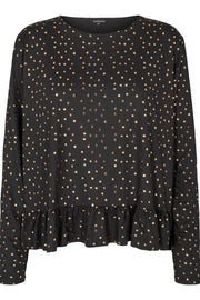 Alma LS Frill T-shirt | Black Gold Dot | T-Shirt med polkaprikker fra Liberté