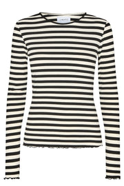 Natalia Ls Round Neck Blouse | Black Creme Stripe | Bluse fra Liberté