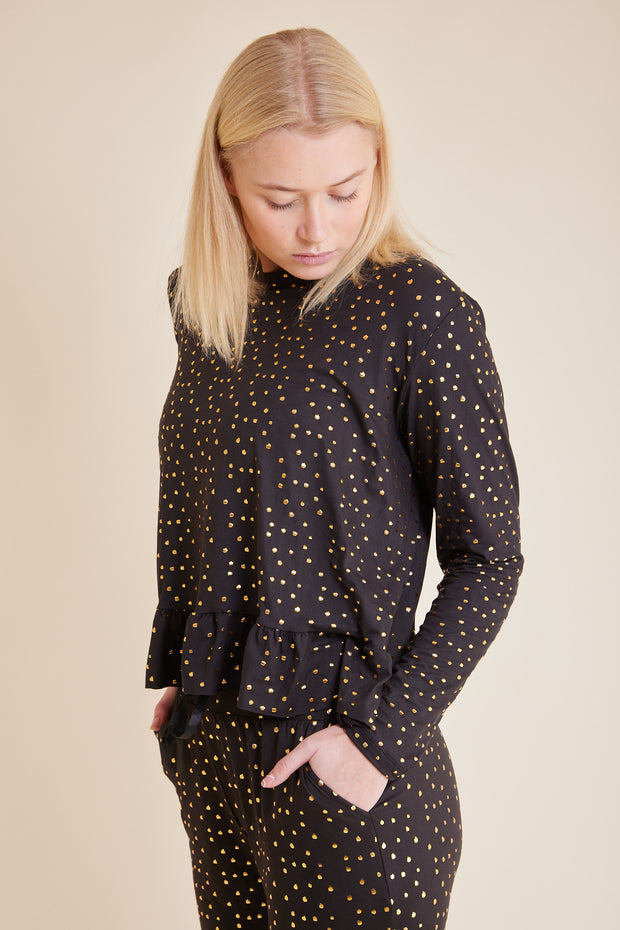 Alma LS Frill T-shirt | Black Gold Dot | T-Shirt med polkaprikker fra Liberté