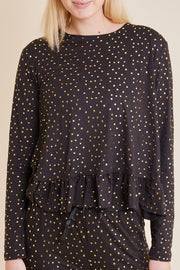 Alma LS Frill T-shirt | Black Gold Dot | T-Shirt med polkaprikker fra Liberté