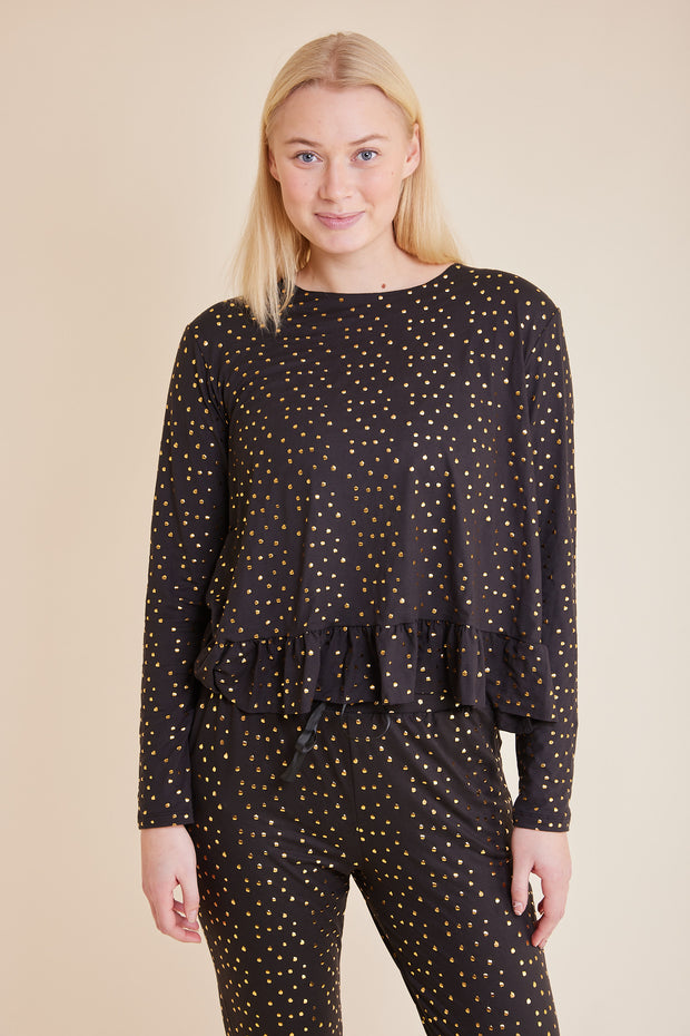 Alma LS Frill T-shirt | Black Gold Dot | T-Shirt med polkaprikker fra Liberté