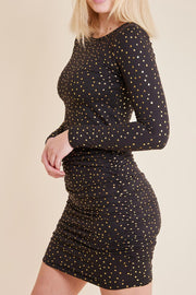 Alma Long Dress | Black Gold Dot (2) | Kjole med polkaprikker fra Liberté