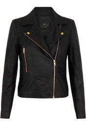 Sophie Leather Jacket Gold | Sort | Læderjakke med guld lynlåse fra YAS
