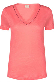 Gina Sequin V-neck Tee | Sugar coral | T-shirt med palietter fra Mos Mosh