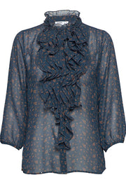 Woven Top 3/4 Sleeves | Blå | Skjorte med print og flæser fra Saint Tropez