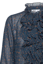 Woven Top 3/4 Sleeves | Blå | Skjorte med print og flæser fra Saint Tropez