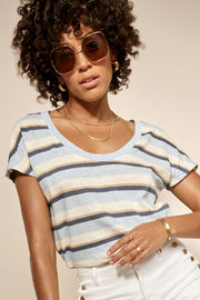 Scarlett O-Neck Stripe Tee | Chambray Blue | Stribet t-shirt fra Mos Mosh