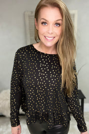 Alma LS Frill T-shirt | Black Gold Dot | T-Shirt med polkaprikker fra Liberté