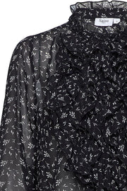 Woven Top 3/4 Sleeves | Sort | Skjorte med print og flæser fra Saint Tropez